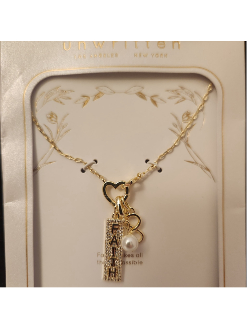 Unwritten 14k Gold Flash Plated FAITH Charm Necklace with Pearl and Infinity - Picture 7 of 7